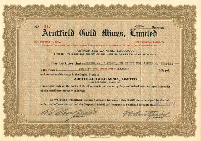 Arntfield Gold Mines, Limited - Stock Certificate